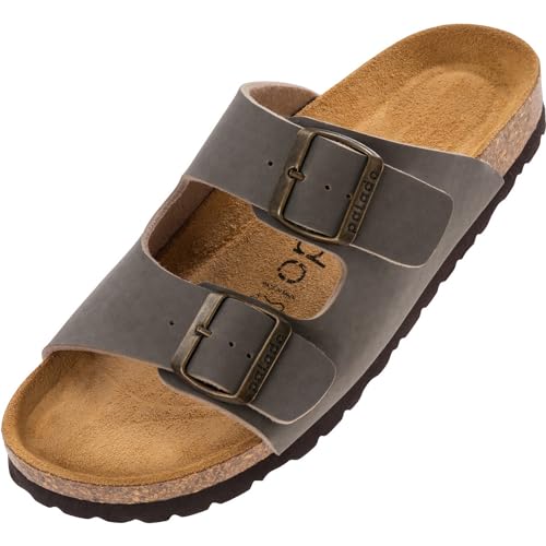 Palado Damen Pantoletten Korfu - Modische Sandalen mit 2 verstellbaren Riemen - Herren Hausschuhe mit Sohle aus feinstem Veloursleder und Natur Kork-Fussbett Basic Natur Grau 39 EU von Palado