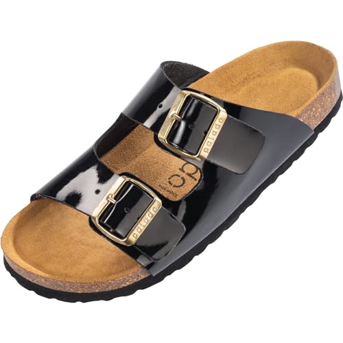 Palado Damen Pantoletten Korfu - Modische Sandalen mit 2 verstellbaren Riemen - Herren Hausschuhe mit Sohle aus feinstem Veloursleder und Natur Kork-Fussbett Lack Black Gold schn 36 EU von Palado