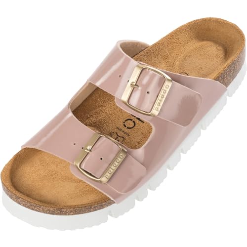 Palado Damen Pantoletten Korfu PL - Lack Hausschuhe mit Riemen - Plateau mit Sohle aus feinstem Veloursleder - Sandalen mit Natur Kork-Fußbett Rose UK9 - EU42 von Palado