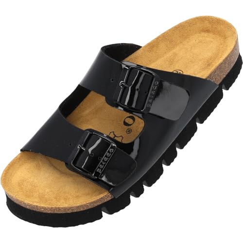 Palado Damen Pantoletten Korfu PL - Lack Hausschuhe mit Riemen - Plateau mit Sohle aus feinstem Veloursleder - Sandalen mit Natur Kork-Fußbett Schwarz UK3,5 - EU36 von Palado