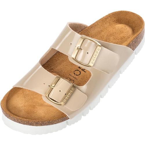 Palado Damen Pantoletten Korfu PL - Lack Hausschuhe mit Riemen - Plateau mit Sohle aus feinstem Veloursleder - Sandalen mit Natur Kork-Fußbett Beige UK9 - EU42 von Palado