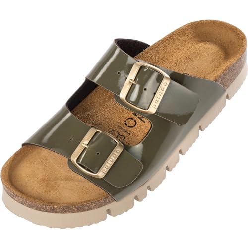 Palado Damen Pantoletten Korfu PL - Lack Hausschuhe mit Riemen - Plateau mit Sohle aus feinstem Veloursleder - Sandalen mit Natur Kork-Fußbett Olivegrün UK3,5 - EU36 von Palado