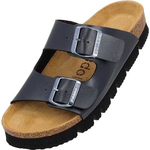 Palado Damen Pantoletten Korfu PL - Metallic Hausschuhe mit Riemen - Plateau mit Sohle aus feinstem Veloursleder - Sandalen mit Natur Kork-Fußbett Anthrazit UK5,5 - EU38 von Palado