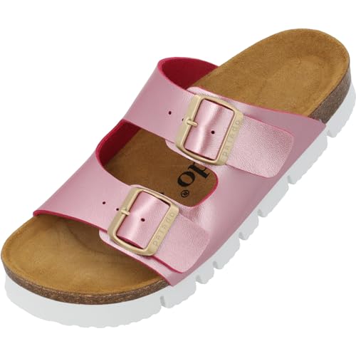 Palado Pantoletten Damen Korfu PL Metallic - bequeme Sandalen Made in Spain - Hausschuhe mit Kork-Fußbett - modische Sommerschuhe Pink UK3,5 - EU36 von Palado