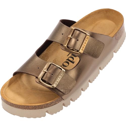 Palado Damen Pantoletten Korfu PL - Metallic Hausschuhe mit Riemen - Plateau mit Sohle aus feinstem Veloursleder - Sandalen mit Natur Kork-Fußbett Bronze UK3,5 - EU36 von Palado