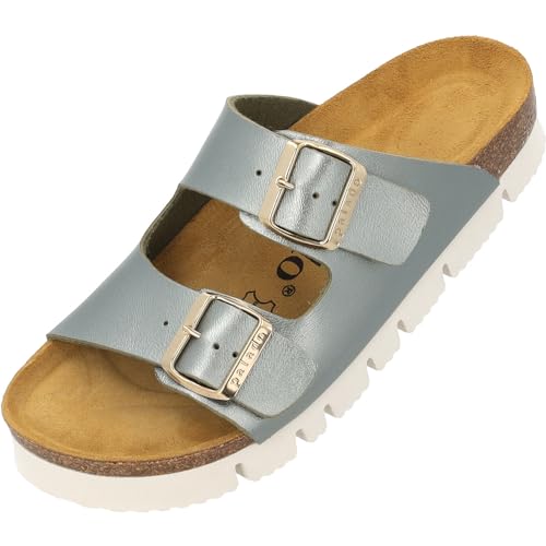 Palado Damen Pantoletten Korfu PL - Metallic Hausschuhe mit Riemen - Plateau mit Sohle aus feinstem Veloursleder - Sandalen mit Natur Kork-Fußbett Olive UK7 - EU40 von Palado