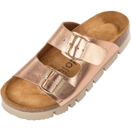 Palado Damen Pantoletten Korfu PL - Metallic Hausschuhe mit Riemen - Plateau mit Sohle aus feinstem Veloursleder - Sandalen mit Natur Kork-Fußbett Rosegold UK7 - EU40 von Palado