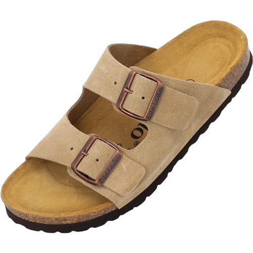 Palado Damen Pantoletten Korfu Premium Leder - Hausschuhe mit verstellbaren Riemen - Sandalen Schuhe mit Sohle aus feinstem Veloursleder Beige UK8 - EU41 von Palado