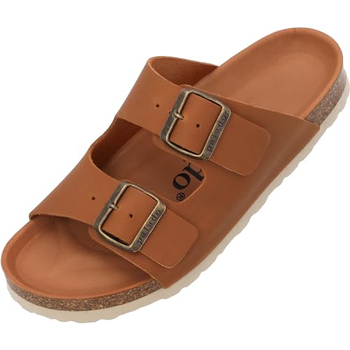 Palado Damen Pantoletten Korfu Premium Leder - Hausschuhe mit verstellbaren Riemen - Sandalen Schuhe mit Sohle aus feinstem Veloursleder Braun UK8 - EU41 von Palado