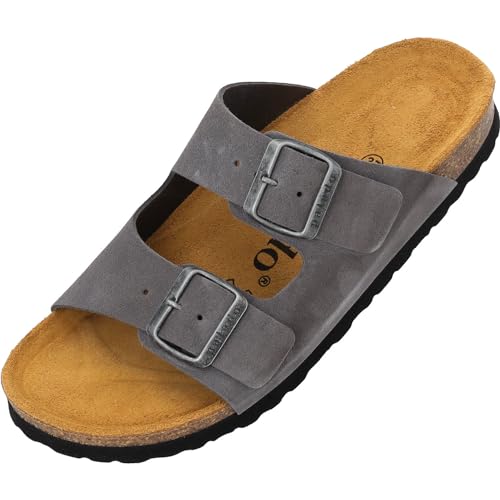 Palado Damen Pantoletten Korfu Premium Leder - Hausschuhe mit verstellbaren Riemen - Sandalen Schuhe mit Sohle aus feinstem Veloursleder Grau UK5,5 - EU38 von Palado