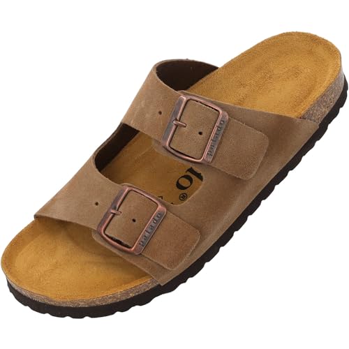 Palado Damen Pantoletten Korfu Premium Leder - Hausschuhe mit verstellbaren Riemen - Sandalen Schuhe mit Sohle aus feinstem Veloursleder Hellbraun UK6 - EU39 von Palado