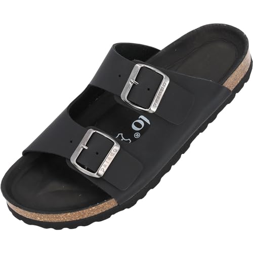 Palado Damen Pantoletten Korfu Premium Leder - Hausschuhe mit verstellbaren Riemen - Sandalen Schuhe mit Sohle aus feinstem Veloursleder Schwarz UK6 - EU39 von Palado