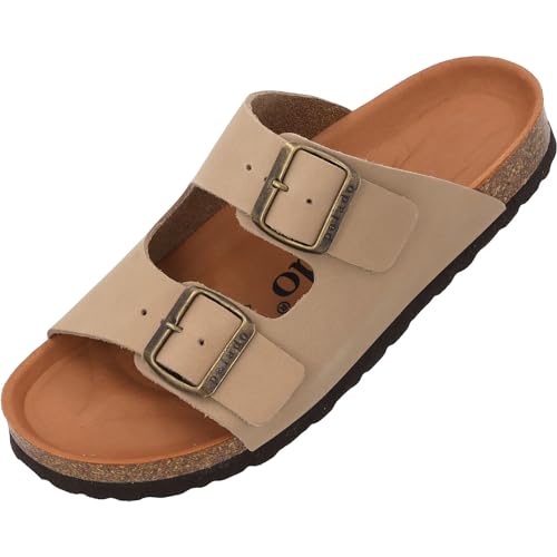 Palado Damen Pantoletten Korfu Premium Leder - Hausschuhe mit verstellbaren Riemen - Sandalen Schuhe mit Sohle aus feinstem Veloursleder Taupe UK7 - EU40 von Palado