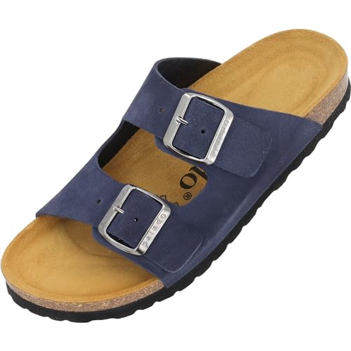 Palado Damen Pantoletten Korfu Premium Leder Herren - Hausschuhe mit verstellbaren Riemen - Sandalen Schuhe mit Sohle aus feinstem Veloursleder Blau UK9 - EU42 von Palado