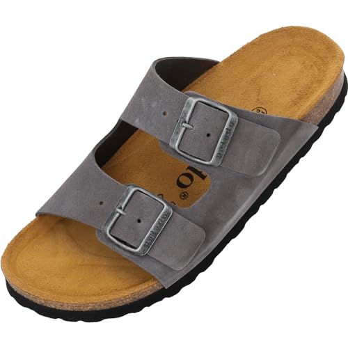 Palado Damen Pantoletten Korfu Premium Leder Herren - Hausschuhe mit verstellbaren Riemen - Sandalen Schuhe mit Sohle aus feinstem Veloursleder Grau UK10,5 - EU45 von Palado