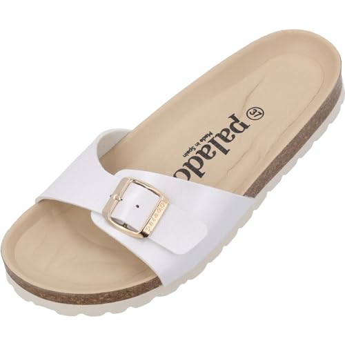 Palado Pantoletten Damen Malta BE Metallic – gefertigt aus pflegeleichtem, metallisch glänzendem Material – helle Veloursleder-Decksohle – eleganter Look – Weichfußbett Weiß UK6 - EU39 von Palado