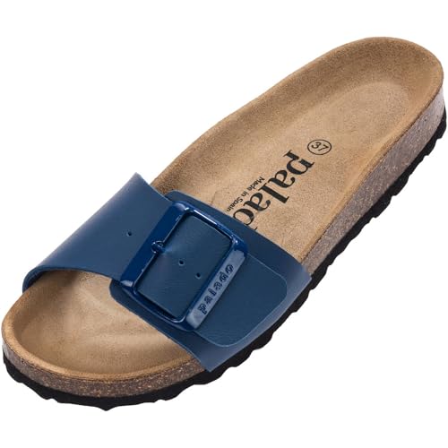 Damen Pantoletten Malta EGS Matt - Sandalen mit verstellbaren Riemen - Hausschuhe - Natur Kork-Fussbett - extra bequem mit Sohle aus Velourleder Dunkelblau UK4,5 - EU37 von Palado