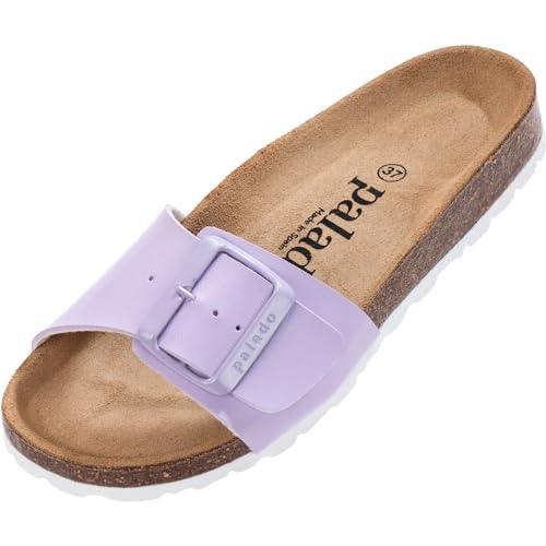 Damen Pantoletten Malta EGS Matt - Sandalen mit verstellbaren Riemen - Hausschuhe - Natur Kork-Fussbett - extra bequem mit Sohle aus Velourleder Flieder UK4,5 - EU37 von Palado