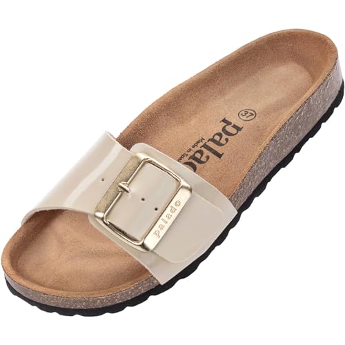 Damen Pantoletten Malta EGS Lack - Sandalen mit verstellbaren Riemen - Hausschuhe - Natur Kork-Fussbett - extra bequem mit Sohle aus Velourleder Beige UK5,5 - EU38 von Palado