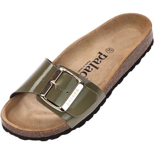 Damen Pantoletten Malta EGS Lack - Sandalen mit verstellbaren Riemen - Hausschuhe - Natur Kork-Fussbett - extra bequem mit Sohle aus Velourleder Khaki UK4,5 - EU37 von Palado