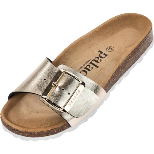 Damen Pantoletten Malta EGS Metallic - Sandalen mit verstellbaren Riemen - Hausschuhe - Natur Kork-Fussbett - extra bequem mit Sohle aus Velourleder Gold UK7 - EU40 von Palado