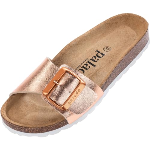 Damen Pantoletten Malta EGS Metallic - Sandalen mit verstellbaren Riemen - Hausschuhe - Natur Kork-Fussbett - extra bequem mit Sohle aus Velourleder Rose/Gold UK4,5 - EU37 von Palado