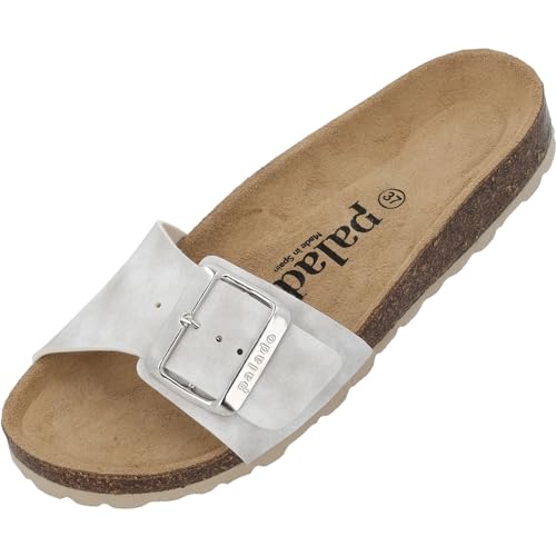 Palado Damen Pantoletten Malta EGS Haze - Sandalen mit verstellbaren Riemen - Hausschuhe - Kork-Fussbett - extra bequem mit Sohle aus Velourleder Hellgrau UK4,5 - EU37 von Palado