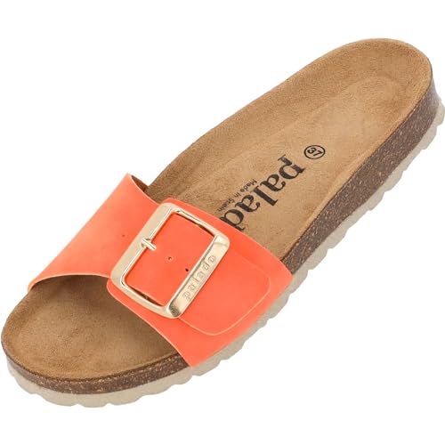 Palado Damen Pantoletten Malta EGS Haze - Sandalen mit verstellbaren Riemen - Hausschuhe - Kork-Fussbett - extra bequem mit Sohle aus Velourleder Orange UK5,5 - EU38 von Palado