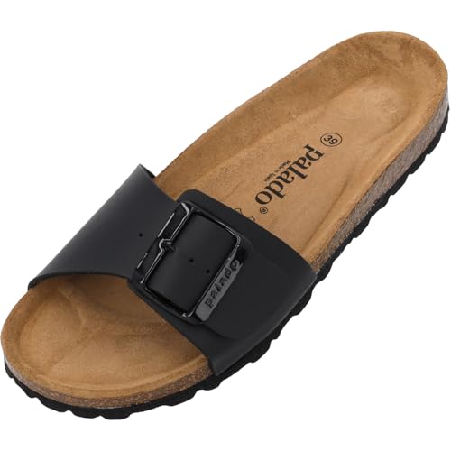 Palado Pantoletten Damen Malta EGS Matt – bequeme Sandalen Made in Spain - Hausschuhe mit dämpfendem Kork-Fußbett - modische Sommerschuhe Schwarz UK8 - EU41 von Palado