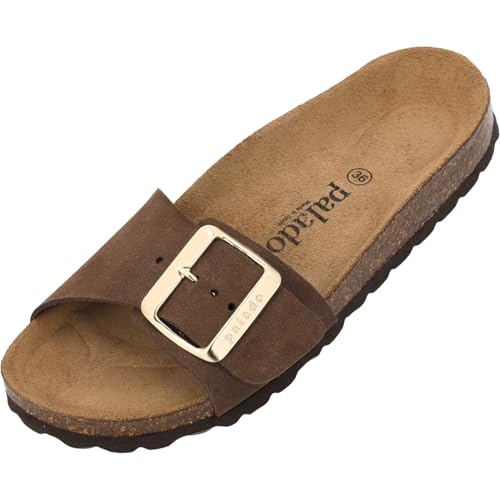 Palado Pantoletten Damen Malta EGS Velours Premium Leather - elegante Sandalen Made in Spain - Hausschuhe mit Kork-Fußbett - bequeme Sommerschuhe Dunkelbraun UK9 - EU42 von Palado
