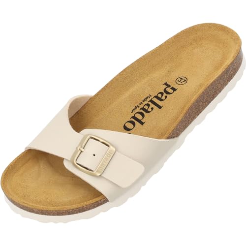 Palado Damen Pantoletten Malta - elegante Sandalen mit verstellbarem Riemen - Hausschuhe für Frauen mit Kork-Fussbett - Sandaletten mit Natur Leder-Laufsohle Basic Matt Beige 40 EU von Palado