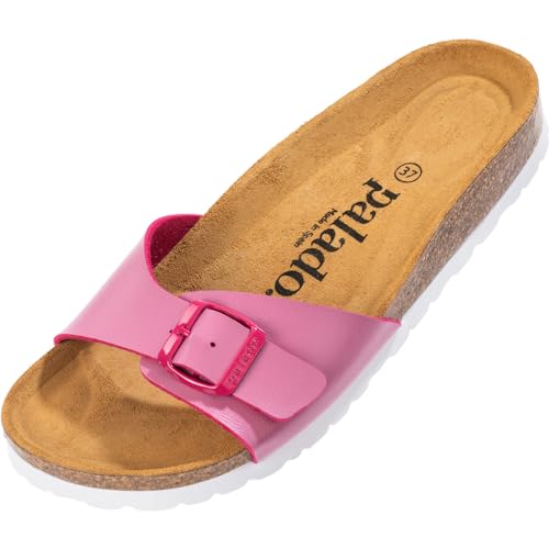 Palado Damen Pantoletten Malta - elegante Sandalen mit verstellbarem Riemen - Hausschuhe für Frauen mit Kork-Fussbett - Sandaletten mit Natur Leder-Laufsohle Basic Matt Pink 39 EU von Palado