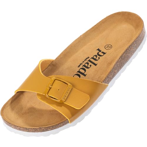 Palado Damen Pantoletten Malta - Elegante Sandalen mit verstellbarem Riemen - Hausschuhe für Frauen mit Kork-Fussbett - Sandaletten mit Natur Leder-Laufsohle Basic Matt senf Gelb 39 EU von Palado