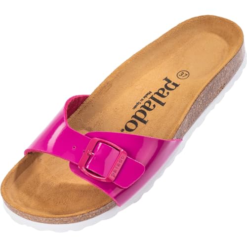 Palado Damen Pantoletten Malta - elegante Sandalen mit verstellbarem Riemen - Hausschuhe für Frauen mit Kork-Fussbett - Sandaletten mit Natur Leder-Laufsohle Lack Pink 36 EU von Palado