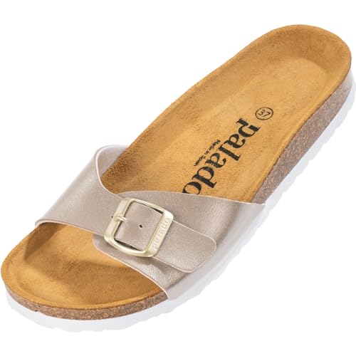 Palado Damen Pantoletten Malta - elegante Sandalen mit verstellbarem Riemen - Hausschuhe für Frauen mit Kork-Fussbett - Sandaletten mit Natur Leder-Laufsohle Metallic Beige Gold 41 EU von Palado