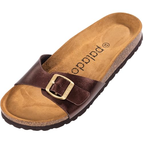 Palado Damen Pantoletten Malta - elegante Sandalen mit verstellbarem Riemen - Hausschuhe für Frauen mit Kork-Fussbett - Sandaletten mit Natur Leder-Laufsohle Metallic Braun 39 EU von Palado