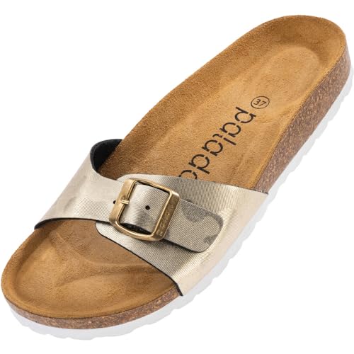 Palado Damen Pantoletten Malta - elegante Sandalen mit verstellbarem Riemen - Hausschuhe für Frauen mit Kork-Fussbett - Sandaletten mit Natur Leder-Laufsohle Metallic Caro Gold 40 EU von Palado