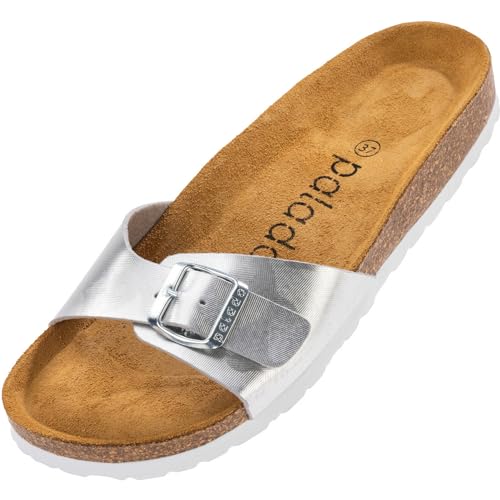 Palado Damen Pantoletten Malta - elegante Sandalen mit verstellbarem Riemen - Hausschuhe für Frauen mit Kork-Fussbett - Sandaletten mit Natur Leder-Laufsohle Metallic Caro Silber 40 EU von Palado