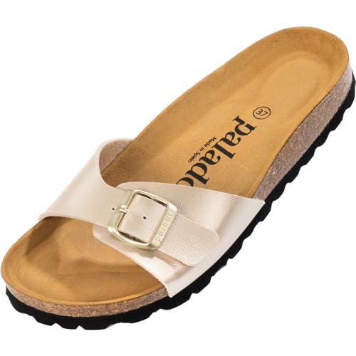 Palado Damen Pantoletten Malta - elegante Sandalen mit verstellbarem Riemen - Hausschuhe für Frauen mit Kork-Fussbett - Sandaletten mit Natur Leder-Laufsohle Metallic Gold Blk 38 EU von Palado