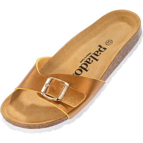 Palado Damen Pantoletten Malta - Elegante Sandalen mit verstellbarem Riemen - Hausschuhe für Frauen mit Kork-Fussbett - Sandaletten mit Natur Leder-Laufsohle Metallic Gold senf 37 EU von Palado