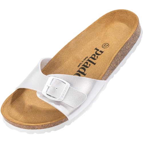 Palado Damen Pantoletten Malta - Elegante Sandalen mit verstellbarem Riemen - Hausschuhe für Frauen mit Kork-Fussbett - Sandaletten mit Natur Leder-Laufsohle Metallic Grau Silber 42 EU von Palado