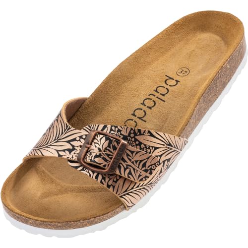 Palado Damen Pantoletten Malta - elegante Sandalen mit verstellbarem Riemen - Hausschuhe für Frauen mit Kork-Fussbett - Sandaletten mit Natur Leder-Laufsohle Print Schwarz Bronze 41 EU von Palado