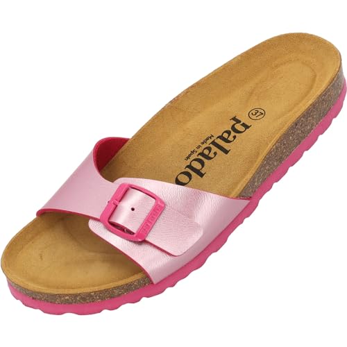 Palado Damen Pantoletten Malta - elegante Sandalen mit verstellbarem Riemen - Hausschuhe für Frauen mit Kork-Fussbett - Sandaletten mit Natur Leder-Laufsohle Metallic Pink/Pink 37 EU von Palado