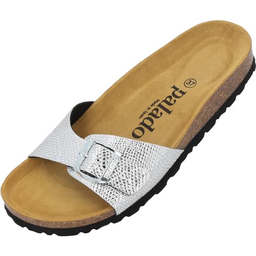 Palado Damen Pantoletten Malta - elegante Sandalen mit verstellbarem Riemen - Hausschuhe für Frauen mit Kork-Fussbett - Sandaletten mit Natur Leder-Laufsohle Phyton 93 silber 36 EU von Palado