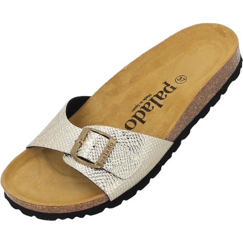 Palado Damen Pantoletten Malta - elegante Sandalen mit verstellbarem Riemen - Hausschuhe für Frauen mit Kork-Fussbett - Sandaletten mit Natur Leder-Laufsohle Phyton platino gold 37 EU von Palado