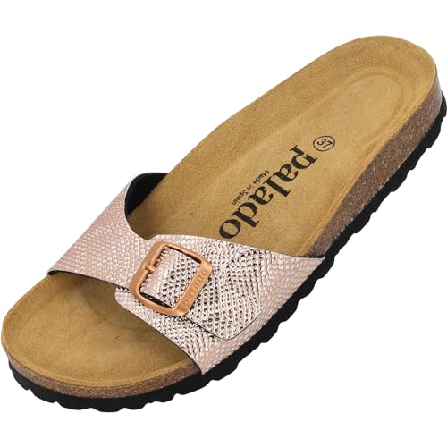 Palado Damen Pantoletten Malta - elegante Sandalen mit verstellbarem Riemen - Hausschuhe für Frauen mit Kork-Fussbett - Sandaletten mit Natur Leder-Laufsohle Python Matt Rose 36 EU von Palado