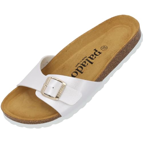 Palado Damen Pantoletten Malta - elegante Sandalen mit verstellbarem Riemen - Hausschuhe für Frauen mit Kork-Fussbett - Sandaletten mit Natur Leder-Laufsohle Metallic Weiss Gold 37 EU von Palado