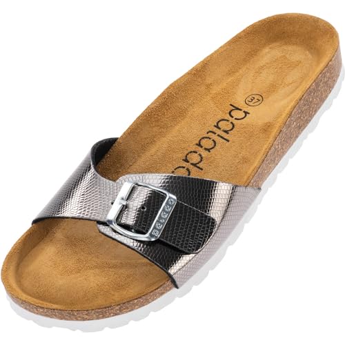 Palado Pantoletten Damen Malta Coralino – gefertigt in Spanien – aus feinem Materia l– Weichfußbett für maximalen Komfort – edle Metallic-Optik Snake Anthrazit UK8 - EU41 von Palado