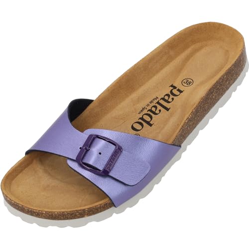 Palado Pantoletten Damen Malta Metallic – gefertigt in Spanien – weiche Veloursleder-Decksohle – robuste EVA-Sohle – edles Metallic-Design Lila UK9 - EU42 von Palado