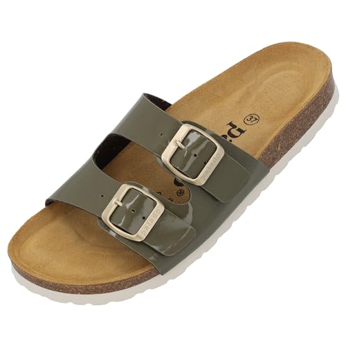 Palado Damen Pantoletten Milos Lack- Sandalen mit Riemen - Hausschuhe mit Natur Kork-Fussbett - bequeme Schuhe mit Sohle aus feinstem Velourleder Khaki UK4,5 - EU37 von Palado